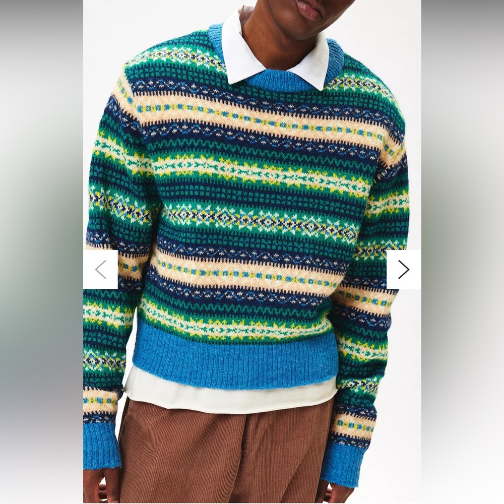NWOT UO Hudson Fair Isle Crew Neck Sweater Men Médium Blue Green